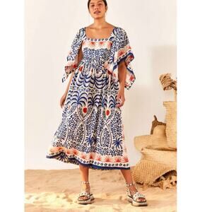 Farm Rio Afternoon Breeze Satin Kaftan Midi Dress Size XS